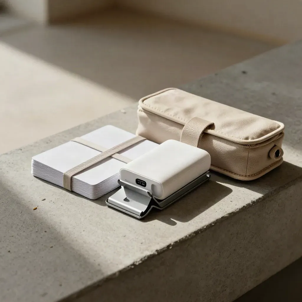 Zestaw do nauki mobilnej: fiszki, power bank i stojak na jasnym kamiennym blacie.