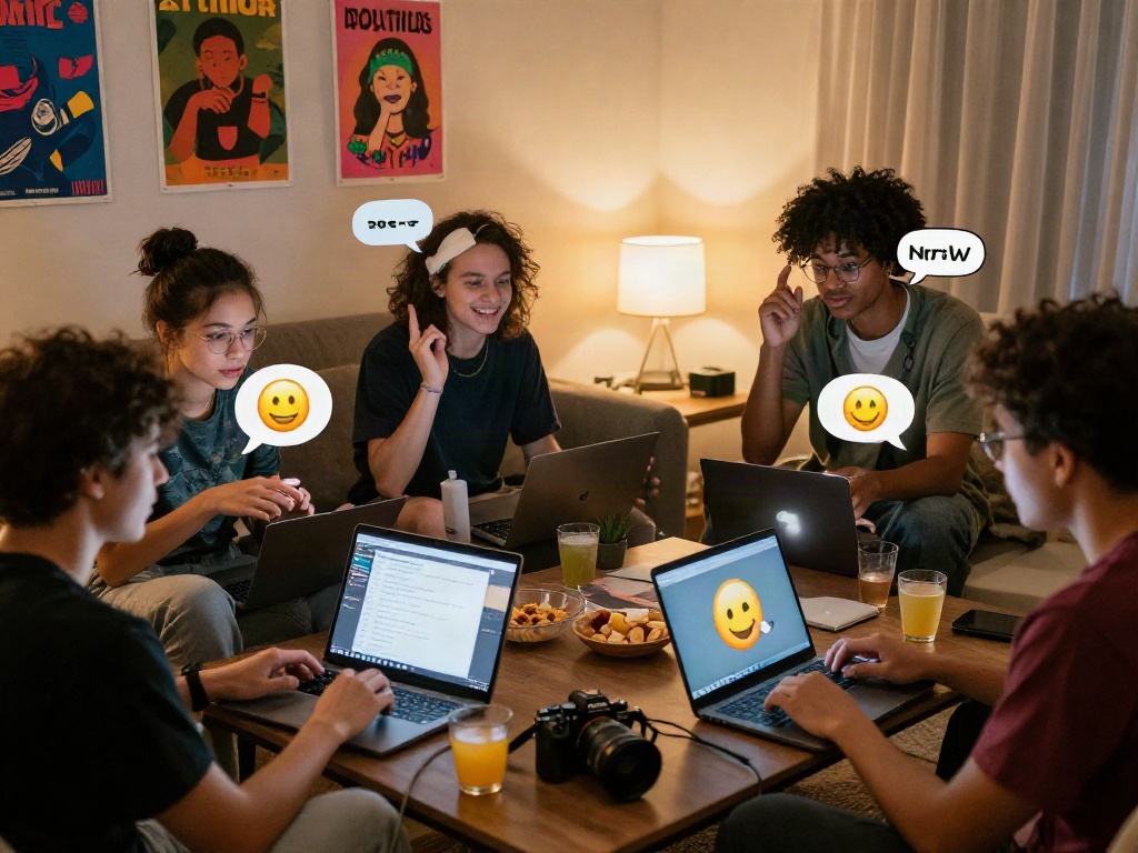 Engaging nsfw chat scene in a cozy digital environment with diverse friends.